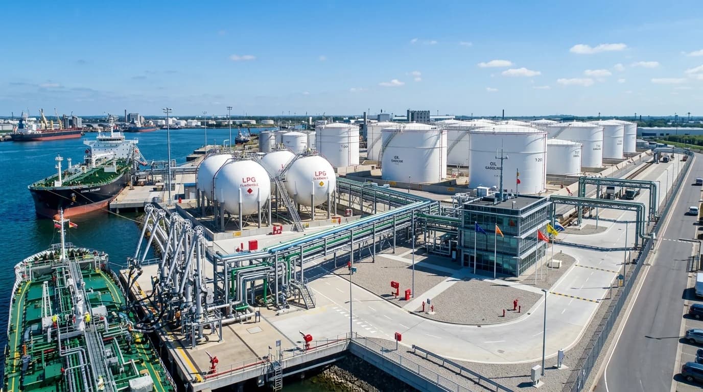 Rotterdam Botlek oil and gas storage terminal facilities and pipeline manifolds